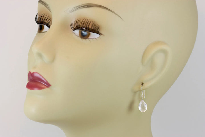 Rose Quartz Earrings Pink Faceted Teardrop Dangle Sterling Silver or 14k Solid Gold or Filled Classic Pear Shape Dainty Simple Soft color - Spyglass Designs