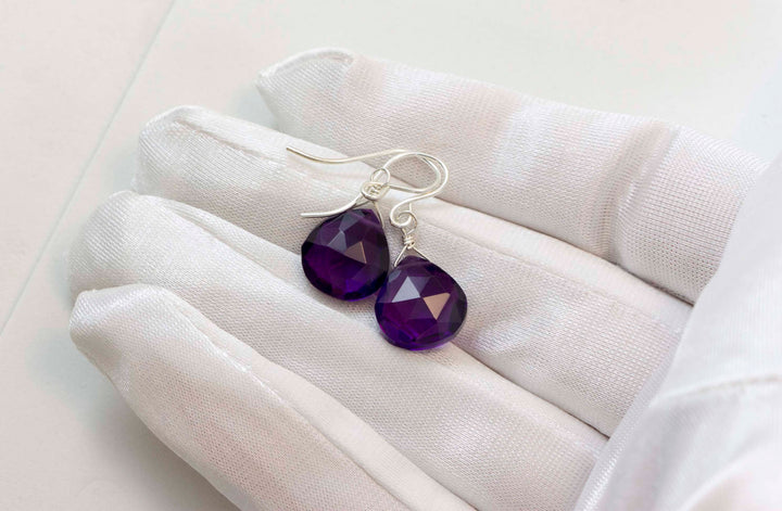 Purple Amethyst Earrings Faceted Heart Teardrop 14k Solid Gold, 14k Filled or Sterling Silver Deep Rich Purple Everyday Daily Simple Drops