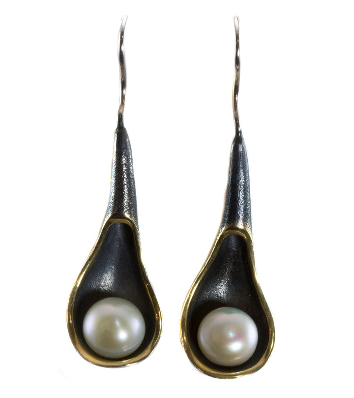 Pearl Earrings 14k solid gold and Oxidized Black Sterling Silver Freshwater Cultured Pearls Bowl Artisan Handmade Design Earthy Fluid Drops