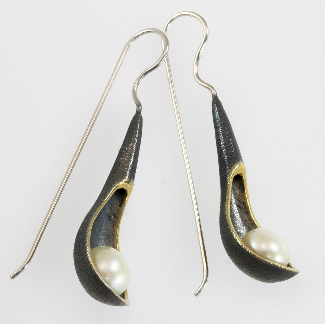 Pearl Earrings 14k solid gold and Oxidized Black Sterling Silver Freshwater Cultured Pearls Bowl Artisan Handmade Design Earthy Fluid Drops