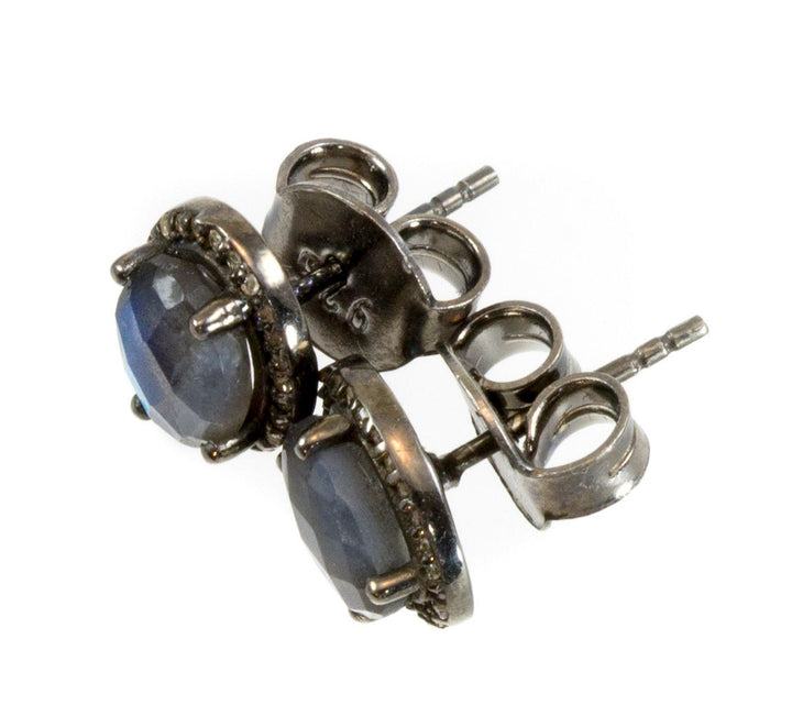 Labradorite Earrings Pave Diamond Surround Oval Post Studs Black Rhodium Plated Sterling Silver Butterfly