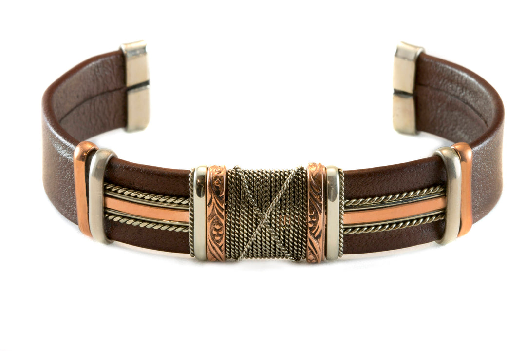 Leather Sterling Silver Bracelet Man's Cuff Adjustable for Men Copper Brass Wrapped Unique Mens Large Brown or Black High Quality 7 8  Inch