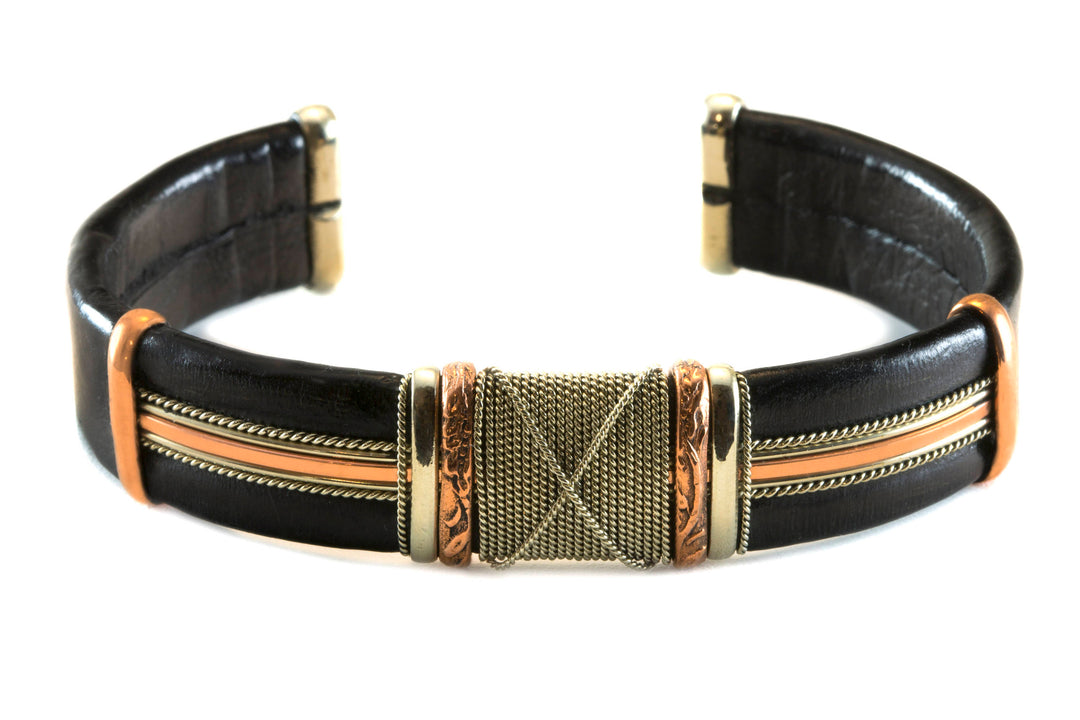 Leather Sterling Silver Bracelet Man's Cuff Adjustable for Men Copper Brass Wrapped Unique Mens Large Brown or Black High Quality 7 8  Inch
