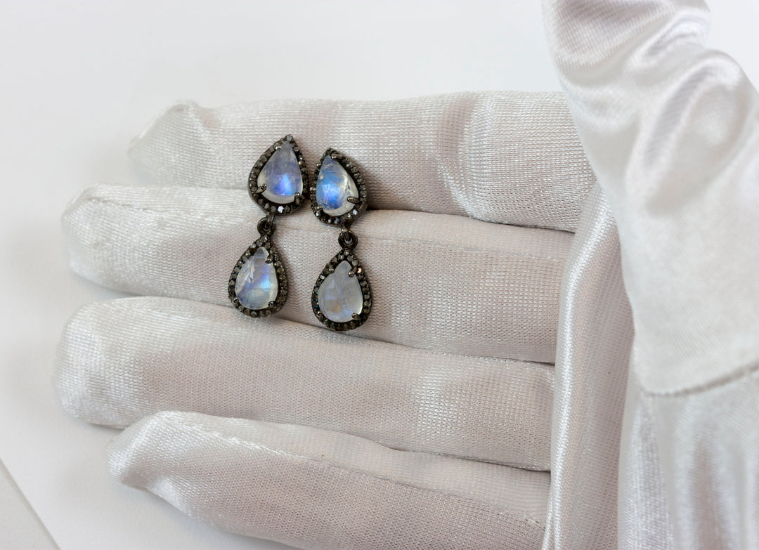 Rainbow Blue Moonstone Earrings Sterling Silver Faceted Teardrops Pave Set Diamond surround Double Hung Real Natural Drops Black Rhodium