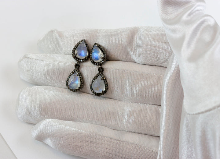 Rainbow Blue Moonstone Earrings Sterling Silver Faceted Teardrops Pave Set Diamond surround Double Hung Real Natural Drops Black Rhodium