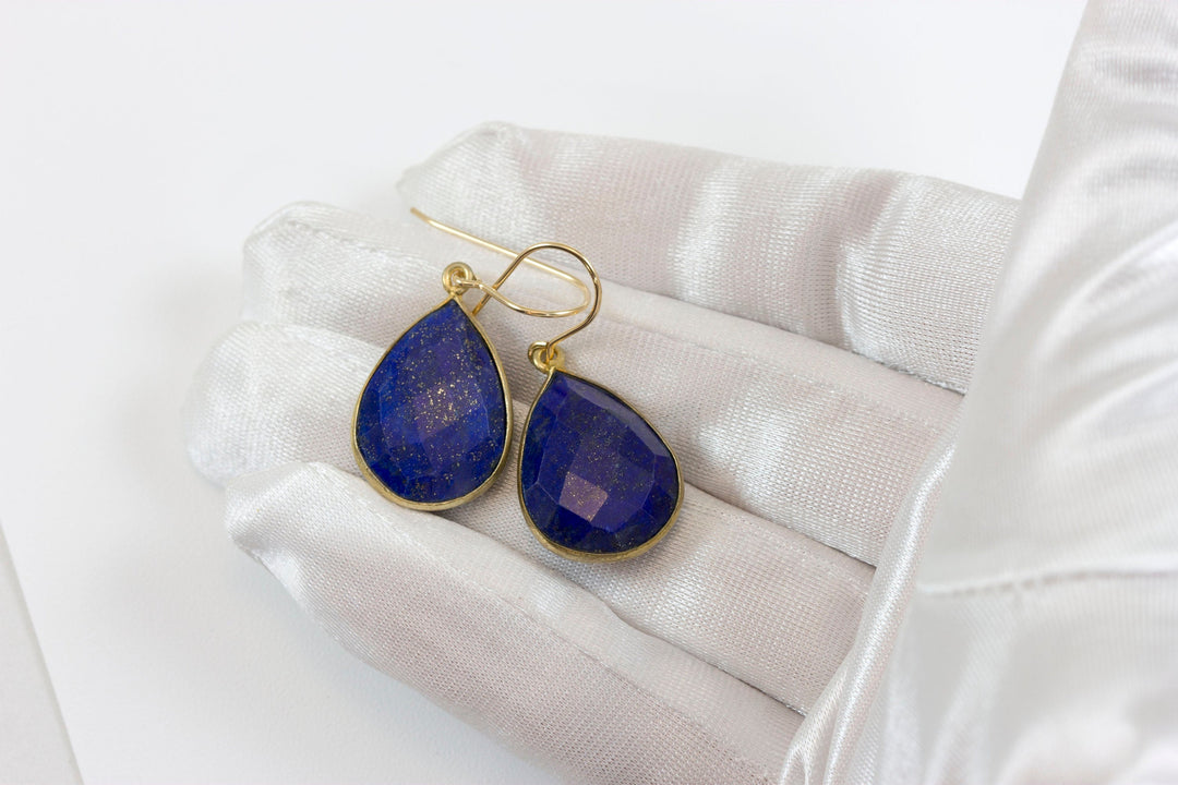 Lapis Lazuli Earrings 14k solid gold or fill Natural Blue Bezel Large Faceted Teardrop Simple Drops 1.4  Inches Classic Drops Pyrite Flecks