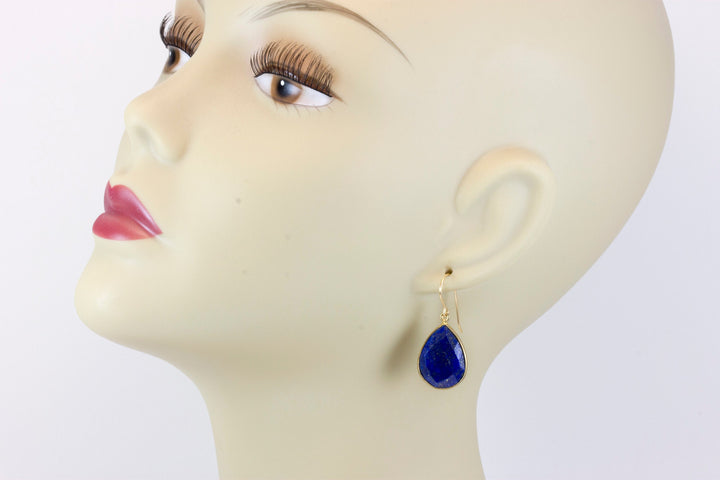 Lapis Lazuli Earrings 14k solid gold or fill Natural Blue Bezel Large Faceted Teardrop Simple Drops 1.4  Inches Classic Drops Pyrite Flecks