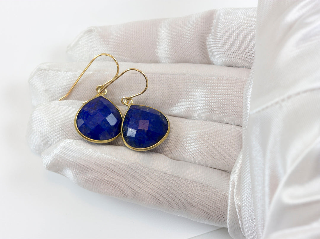 Lapis Lazuli Earrings 14k solid gold or fill Natural Blue Bezel Heart Faceted Teardrop Simple Drops 1.2  Inches Classic Drops Pyrite Flecks