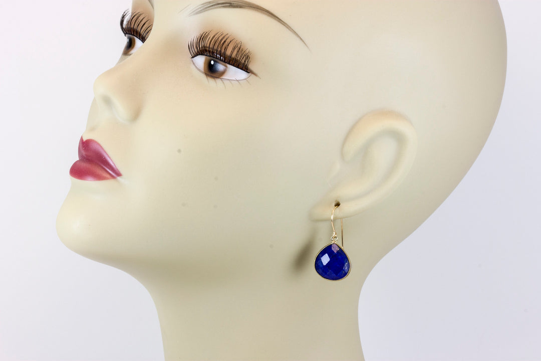 Lapis Lazuli Earrings 14k solid gold or fill Natural Blue Bezel Heart Faceted Teardrop Simple Drops 1.2  Inches Classic Drops Pyrite Flecks