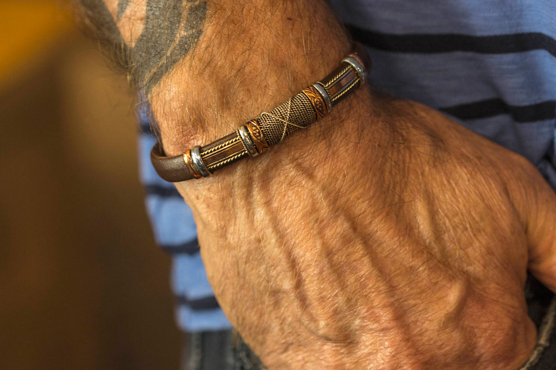 Leather Sterling Silver Bracelet Man's Cuff Adjustable for Men Brass Wrapped Unique Mens Medium Brown or Black High Quality 8 9 Inch