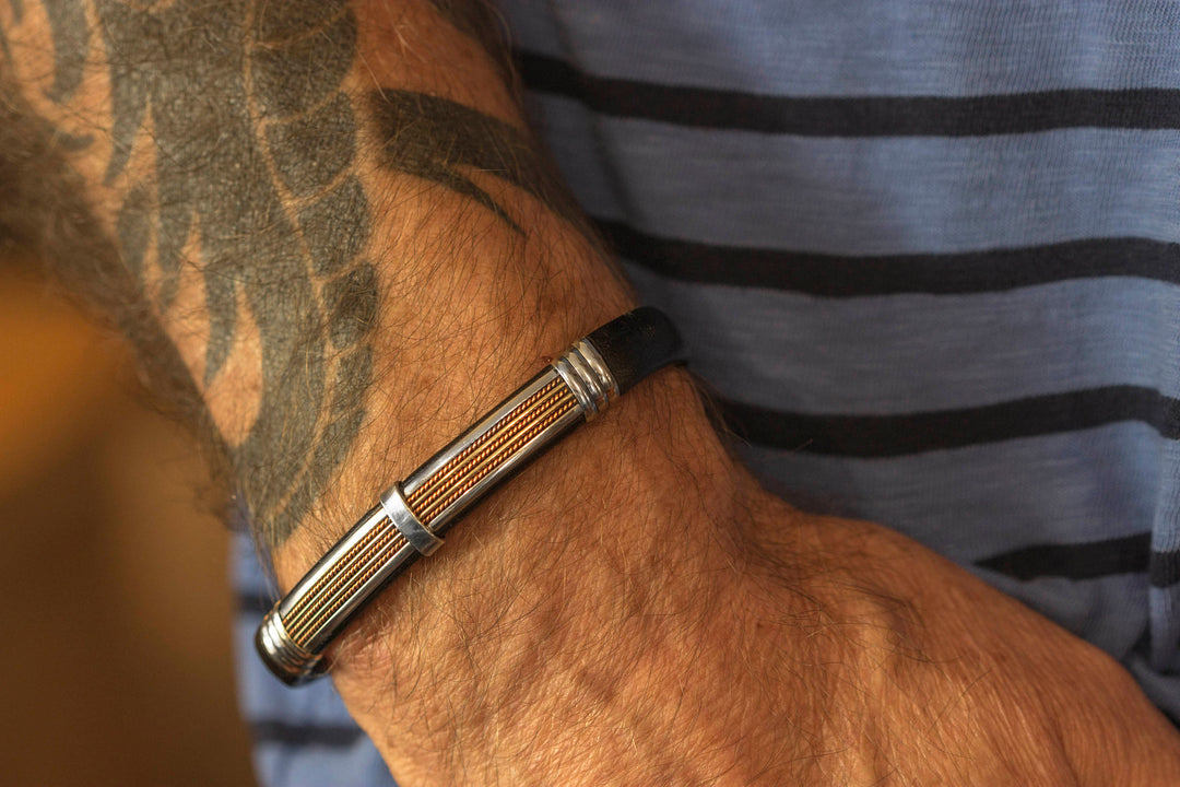 Leather Sterling Silver Bracelet Man's Cuff Adjustable for Men Brass Wrapped Unique Mens Medium Brown or Black High Quality 8 9 Inch
