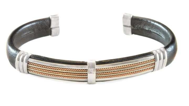 Leather Sterling Silver Bracelet Man's Cuff Adjustable for Men Brass Wrapped Unique Mens Medium Brown or Black High Quality 8 9 Inch