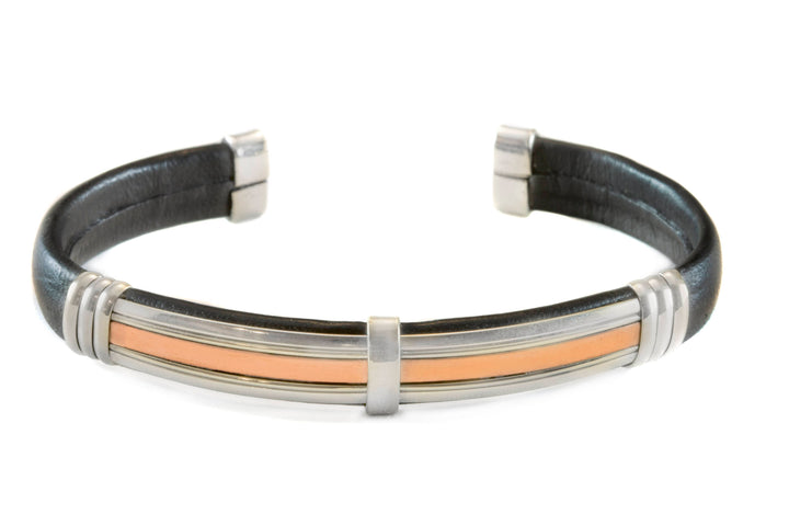 Leather Sterling Silver Bracelet Man's Cuff Adjustable for Men Brass Wrapped Unique Mens Medium Brown or Black High Quality 8 9 Inch