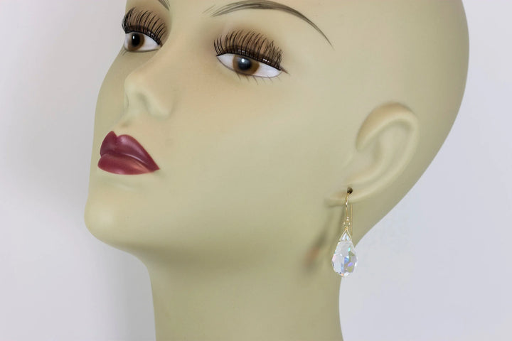 Crystal Clear Mystic Earrings Large Fat Faceted Teardrop Drops 14k Solid Gold or Filled or Sterling Silver Briolettes Rainbow Color Simple - Spyglass Designs