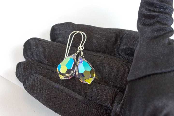 Crystal Clear Mystic Earrings Large Fat Faceted Teardrop Drops 14k Solid Gold or Filled or Sterling Silver Briolettes Rainbow Color Simple - Spyglass Designs