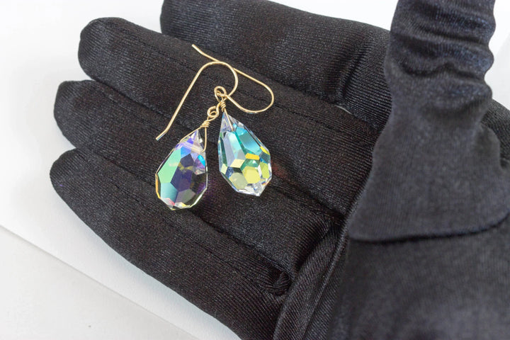 Crystal Clear Mystic Earrings Large Fat Faceted Teardrop Drops 14k Solid Gold or Filled or Sterling Silver Briolettes Rainbow Color Simple - Spyglass Designs
