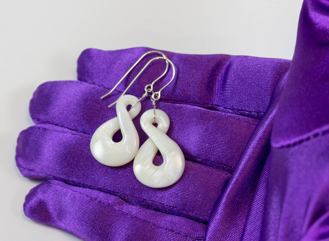 Mother of Pearl Earrings White Shell Carved Infinity Teardrop Natural 14k solid Gold or 14k Gold Filled or Sterling Silver Large  MOP Drops