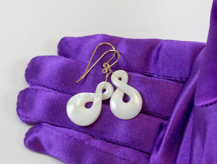 Mother of Pearl Earrings White Shell Carved Infinity Teardrop Natural 14k solid Gold or 14k Gold Filled or Sterling Silver Large  MOP Drops