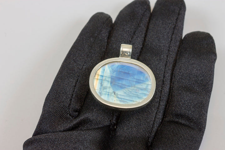 Blue Moonstone Pendant smooth Sterling Silver Square Cut Necklace Pendant Bezel Set Cabachon Simple Unique Design Natural Rainbow Oval