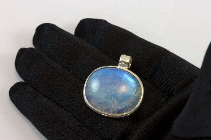 Blue Moonstone Pendant smooth Sterling Silver Square Cut Necklace Pendant Bezel Set Cabachon Simple Unique Design Natural Rainbow Oval