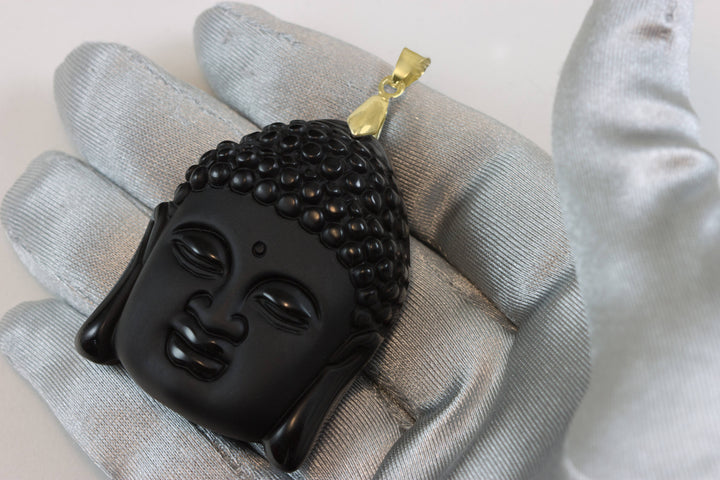 Buddha Necklace Pendant Black Carved Obsidian Sterling or Gold Plate Bail large Carved Head Obsidian Black Stone Bezel Set Men's Man Women