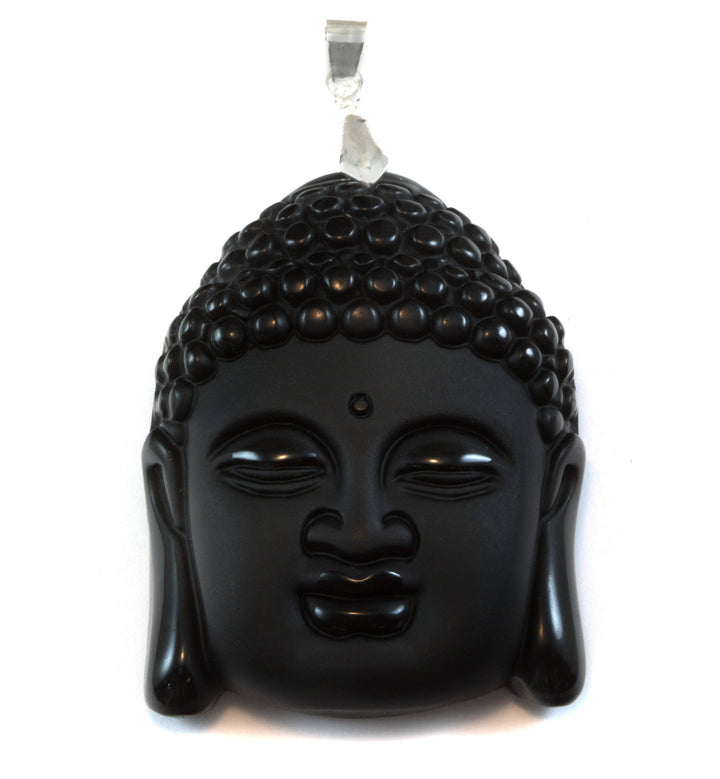 Buddha Necklace Pendant Black Carved Obsidian Sterling or Gold Plate Bail large Carved Head Obsidian Black Stone Bezel Set Men's Man Women