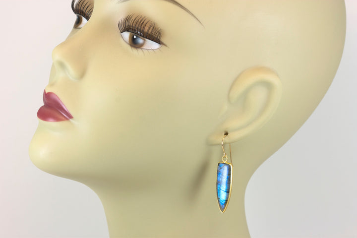 Labradorite Earrings Natural Smooth Large 1.8 Inches 14k solid gold or filled Pointed Teardrop Drops  Blue Flash High Quality Stones