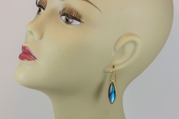 Labradorite Earrings Natural Smooth Marquise 1.7 Inches 14k solid gold or filled Pointed Teardrop Drops  Blue Flash High Quality Stones