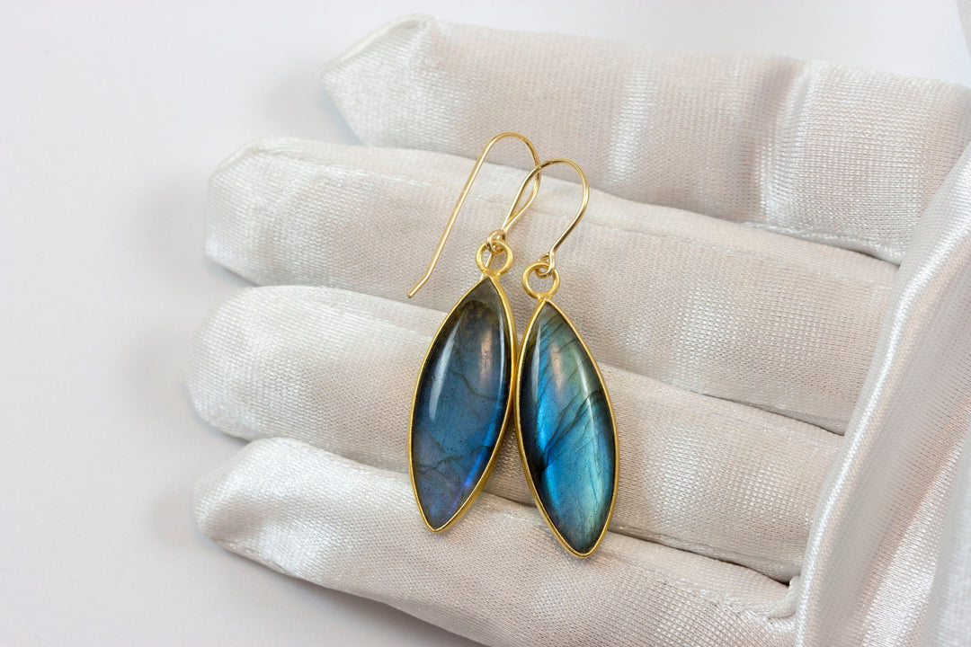 Labradorite Earrings Natural Smooth Marquise 1.7 Inches 14k solid gold or filled Pointed Teardrop Drops  Blue Flash High Quality Stones