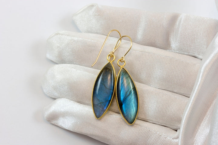Labradorite Earrings Natural Smooth Marquise 1.7 Inches 14k solid gold or filled Pointed Teardrop Drops  Blue Flash High Quality Stones