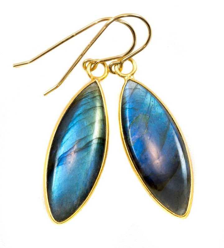 Labradorite Earrings Natural Smooth Marquise 1.7 Inches 14k solid gold or filled Pointed Teardrop Drops  Blue Flash High Quality Stones