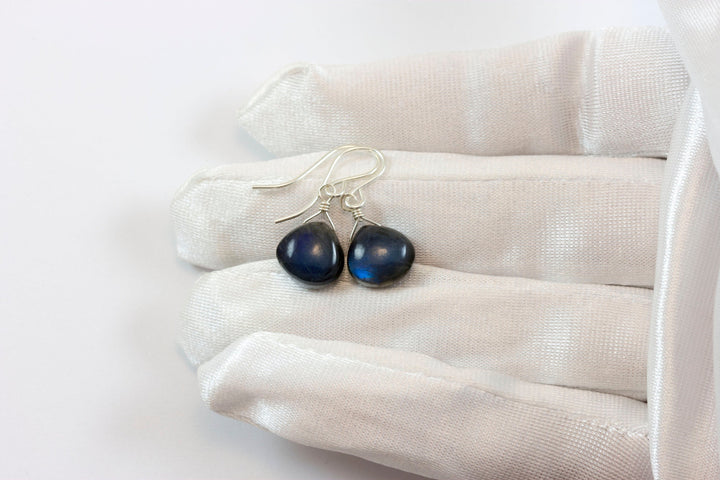 Labradorite  Earrings Sterling Silver or 14k Solid Gold or Filled Small Dainty Smooth Heart Teardrop AAA Blue Flash Pear Shape Natural Drops