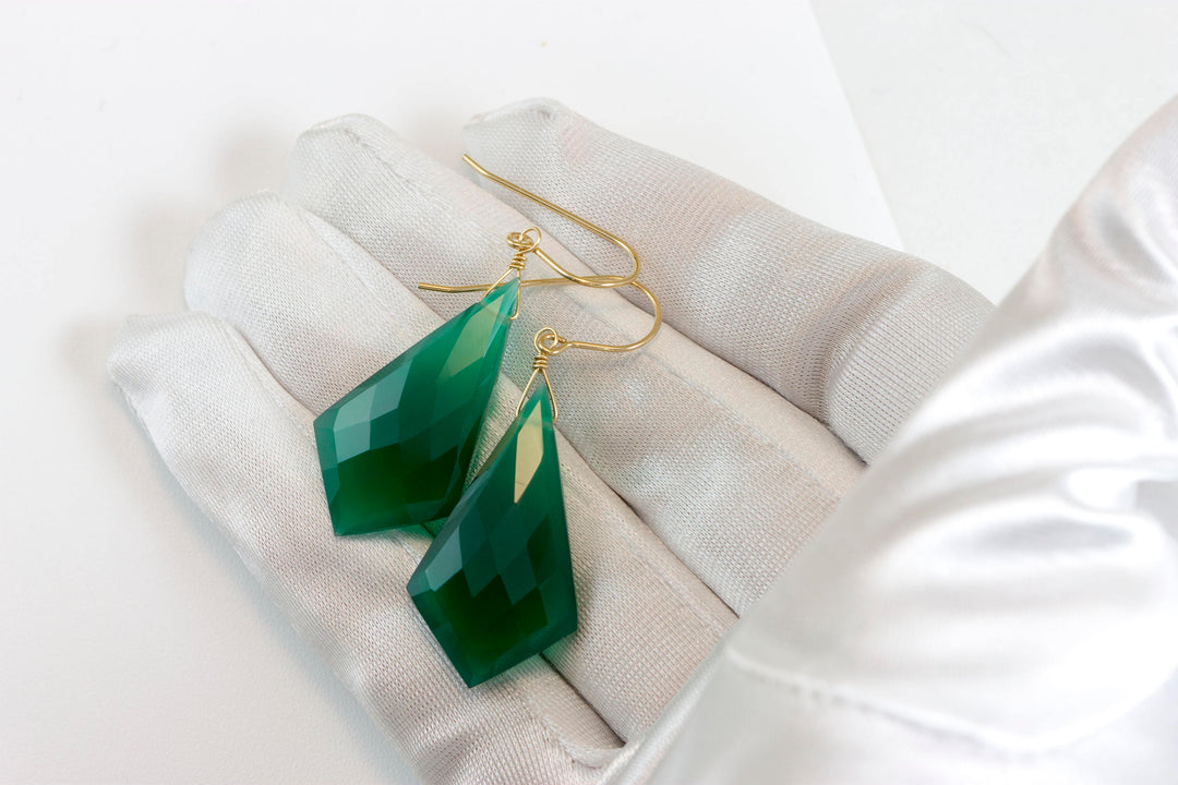 Green Onyx Earrings Faceted Large Triangle 2 Inches Teardrop Sterling Silver or 14k solid yellow gold or 14k Gold Fill Emerald Green Drops 2