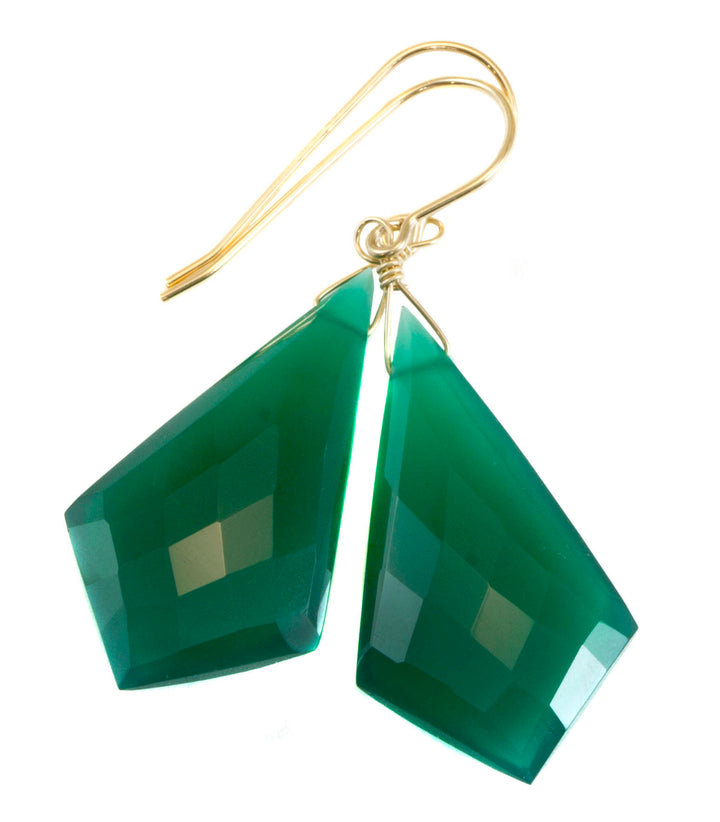 Green Onyx Earrings Faceted Large Triangle 2 Inches Teardrop Sterling Silver or 14k solid yellow gold or 14k Gold Fill Emerald Green Drops 2