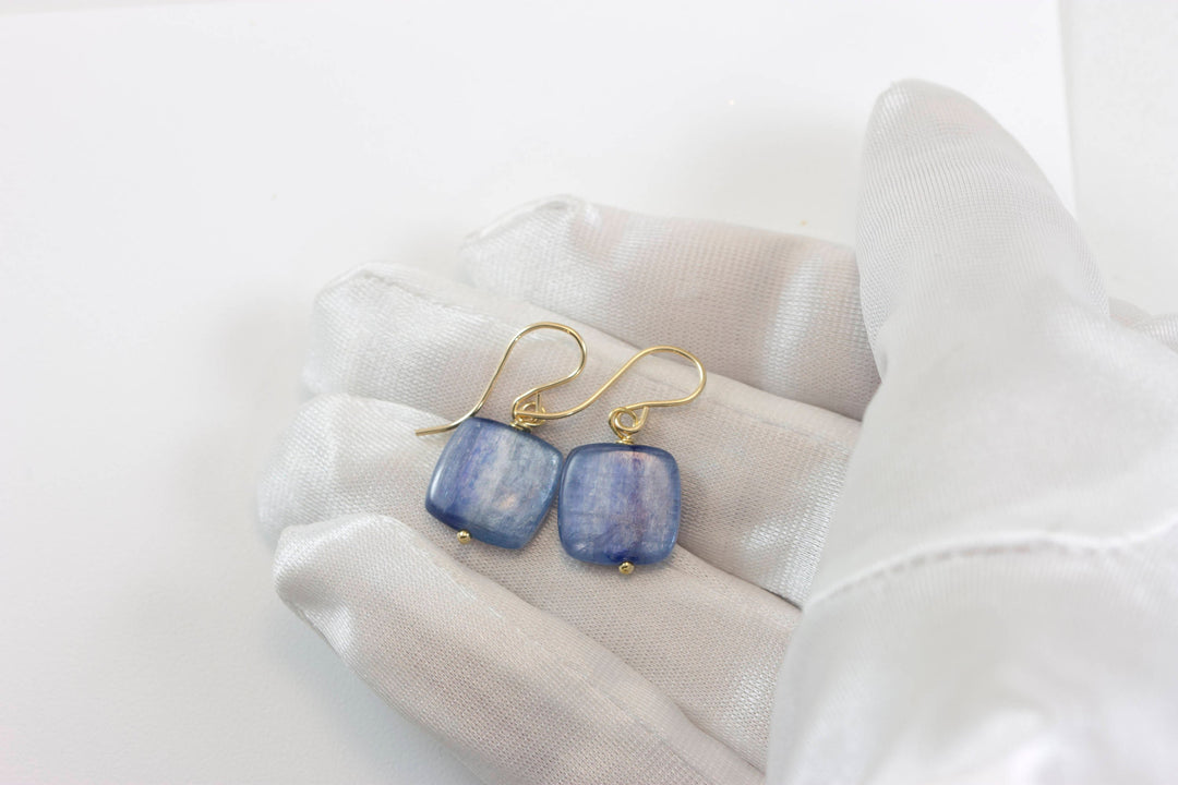Kyanite Earrings Rich Blue High Quality Smooth Simple Natural Square Dainty Drops 14k Gold or Filled or Sterling Silver Small Everyday