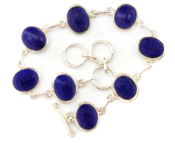 Blue Lapis Lazuli Bracelet Bezel Set Sterling Silver Toggle Clasp Smooth Cabachon 7 8 Inches Adjustable Earthy Natural Rich Blue Lapis