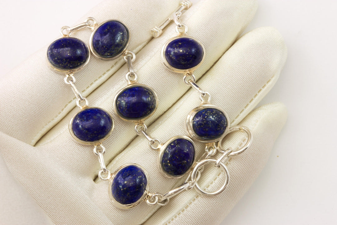 Blue Lapis Lazuli Bracelet Bezel Set Sterling Silver Toggle Clasp Smooth Cabachon 7 8 Inches Adjustable Earthy Natural Rich Blue Lapis