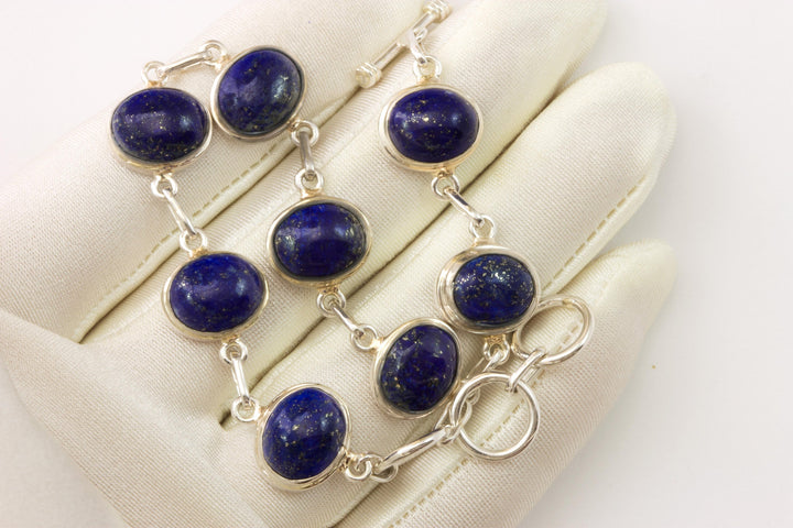 Blue Lapis Lazuli Bracelet Bezel Set Sterling Silver Toggle Clasp Smooth Cabachon 7 8 Inches Adjustable Earthy Natural Rich Blue Lapis