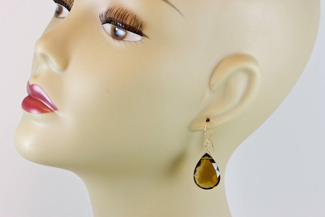 Whiskey Cognac Smokey Quartz Earrings Sterling Silver or 14k Solid Yellow Gold or Yellow or Rose Filled Large Teardrop Natural Classic Drops