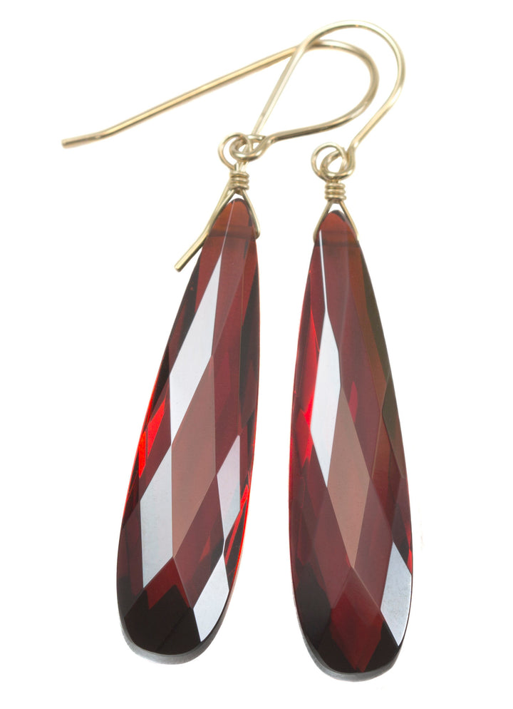 Cubic Zirconia Earrings Simulated Red Garnet Long Large Tear Drop  AAA CZ 14k Solid Gold or Filled or Sterling Silver Facet Simple 2 In