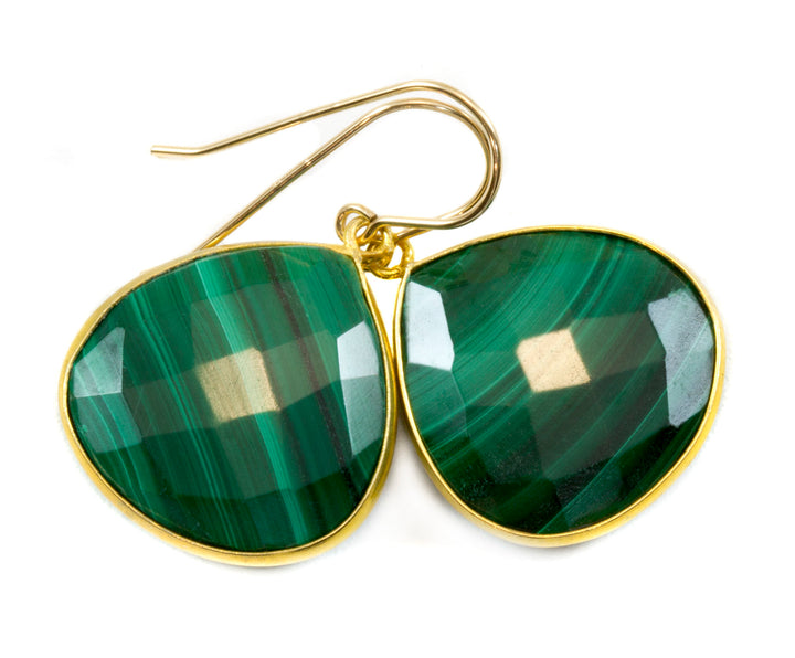 Malachite Earrings Green Heart shaped faceted Natural Dangle Drops 14k Solid Gold or Filled simple bezel Spyglass Designs Classic