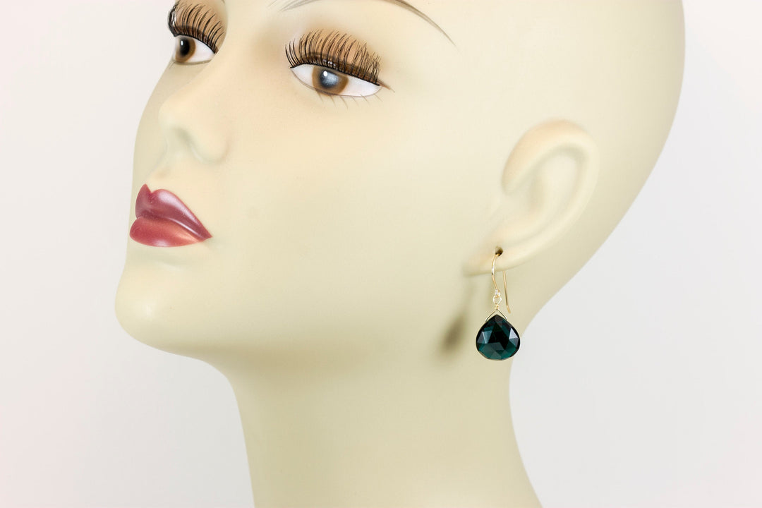 Simulated Teal Tourmaline Earrings Dark Teal Green Faceted Heart Teardrop Sterling Silver 14k Gold Filled Briolette