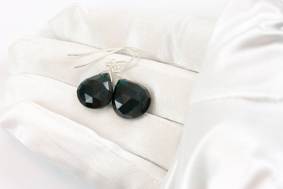 Simulated Teal Tourmaline Earrings Dark Teal Green Faceted Heart Teardrop Sterling Silver 14k Gold Filled Briolette