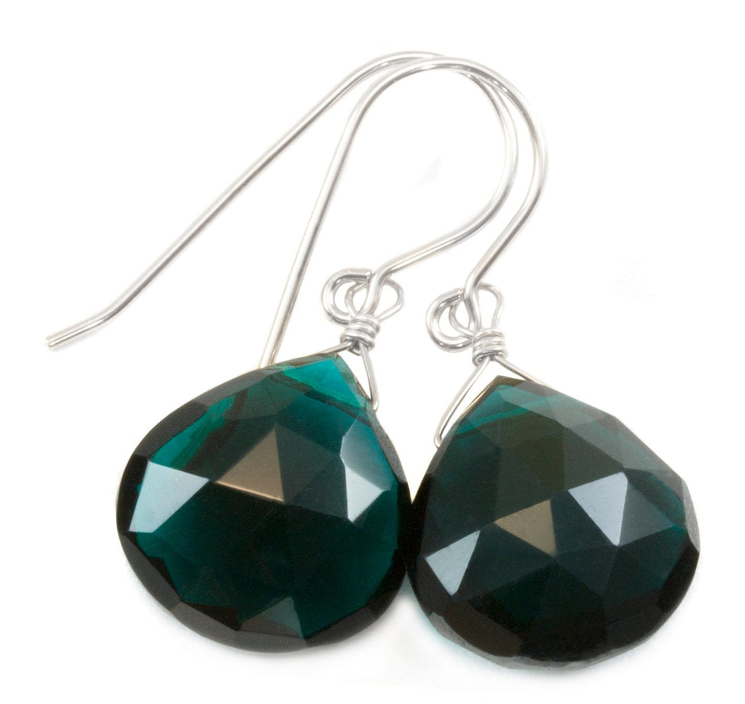 Simulated Teal Tourmaline Earrings Dark Teal Green Faceted Heart Teardrop Sterling Silver 14k Gold Filled Briolette