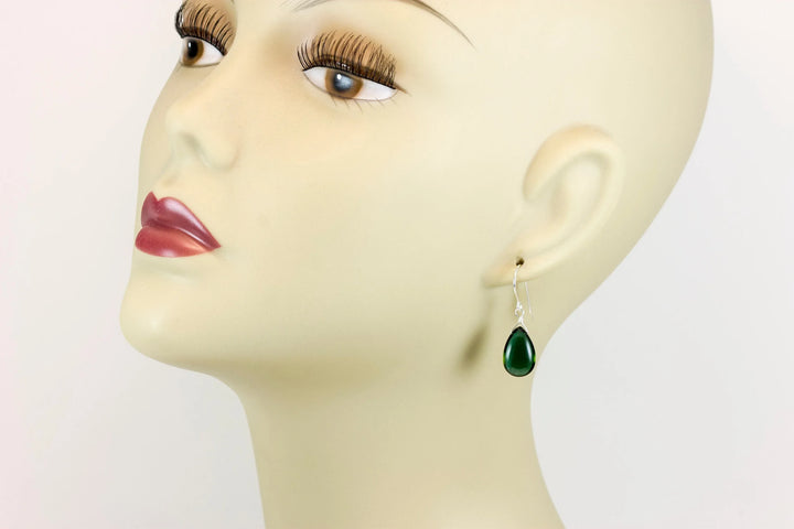 Quartz Earrings Simulated Green Smooth Teardrop Pear Drop Sterling Silver or 14k solid Gold or Filled Dainty Simple Green Dark Color Drops - Spyglass Designs