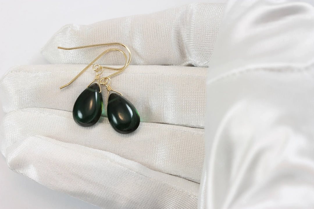 Quartz Earrings Simulated Green Smooth Teardrop Pear Drop Sterling Silver or 14k solid Gold or Filled Dainty Simple Green Dark Color Drops - Spyglass Designs