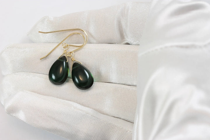 Quartz Earrings Simulated Green Smooth Teardrop Pear Drop Sterling Silver or 14k solid Gold or Filled Dainty Simple Green Dark Color Drops - Spyglass Designs