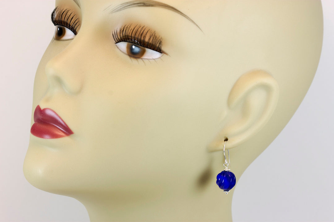 Blue Lapis Earrings Lazuli Natural Round Carved Swirl Drop Sterling Silver 14k solid gold or 14k Gold Filled Rich Beaded Accents