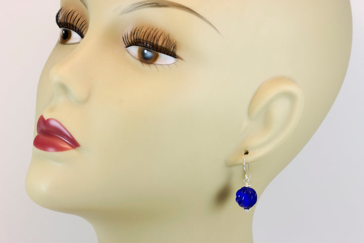 Blue Lapis Earrings Lazuli Natural Round Carved Swirl Drop Sterling Silver 14k solid gold or 14k Gold Filled Rich Beaded Accents