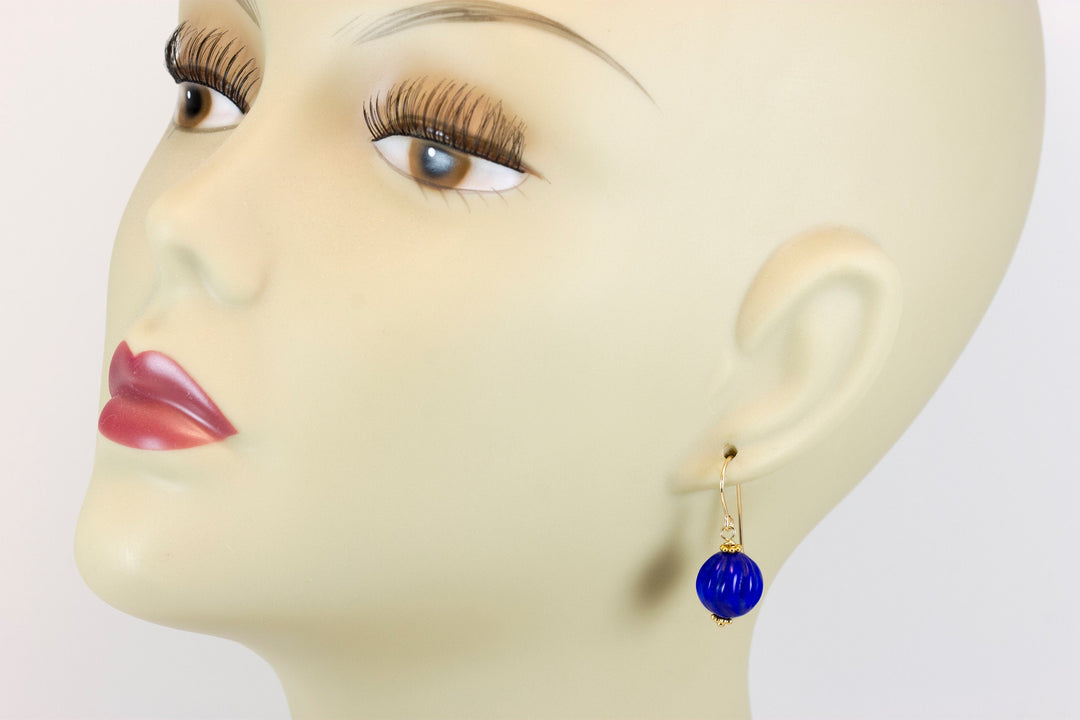 Blue Lapis Earrings Lazuli Natural Round Carved Swirl Drop Sterling Silver 14k solid gold or 14k Gold Filled Rich Beaded Accents